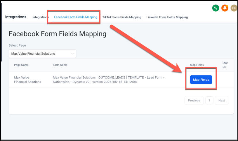 The Facebook form fields mapping screen.